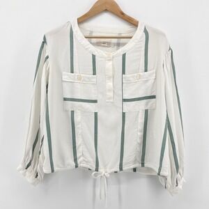 SANCIA The Esme Striped Silk Blend Blouse Green White Drawstring Hem Size M EUC